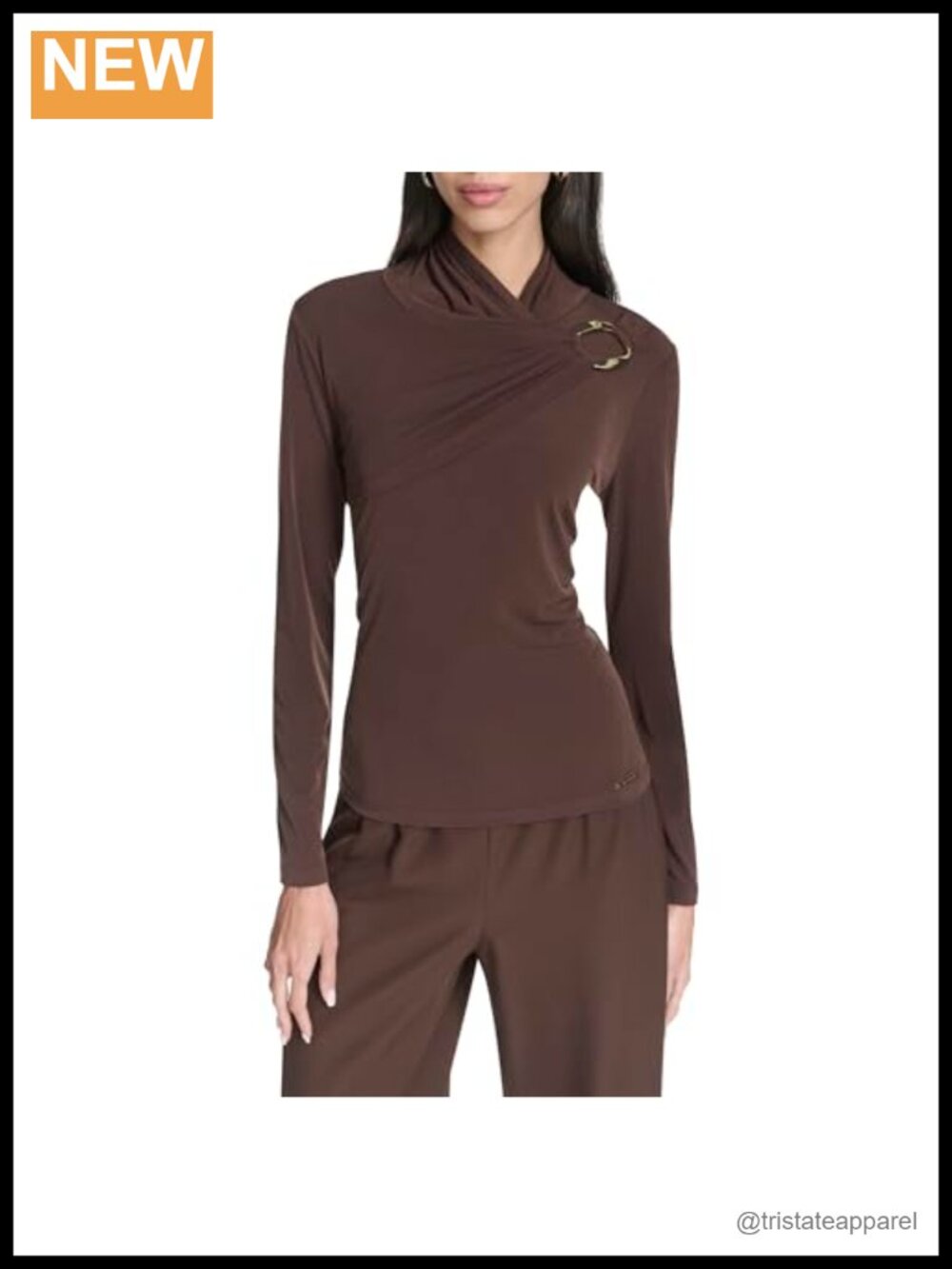 Long Sleeve Asymmetric Neck Blouse with Hardware Detail
